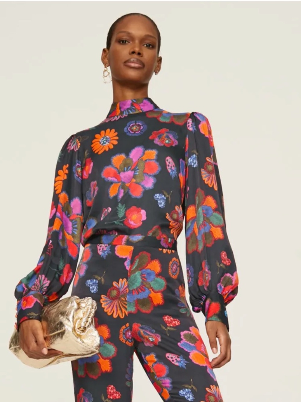 Farm Rio Lily's Garden Blouse, Long Sleeve, Mock Neck, Large, Retail $170